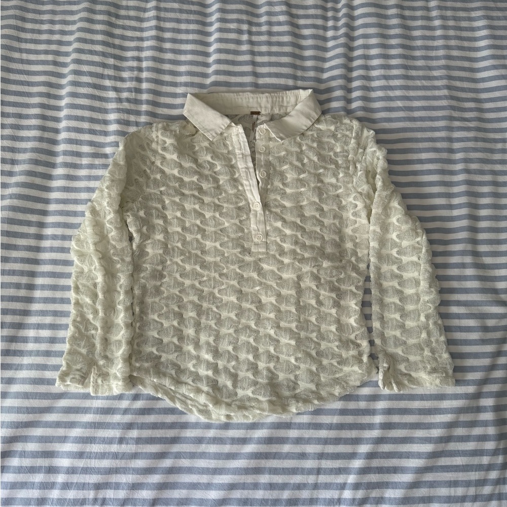 Free People White Textured Long Sleeve Shirt